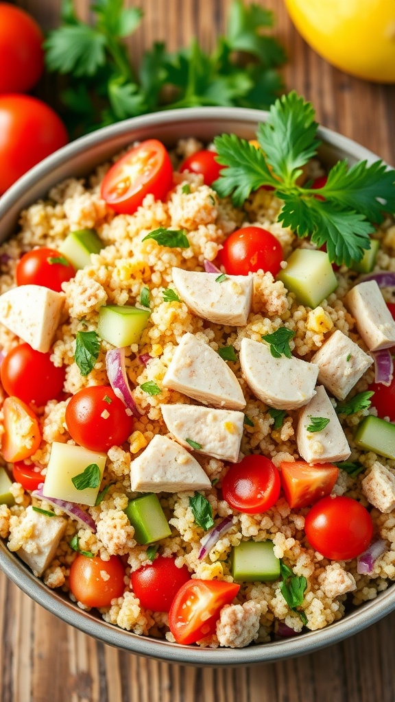Mediterranean quinoa salad with tuna, tomatoes, cucumbers, and parsley in a bowl on a wooden table.